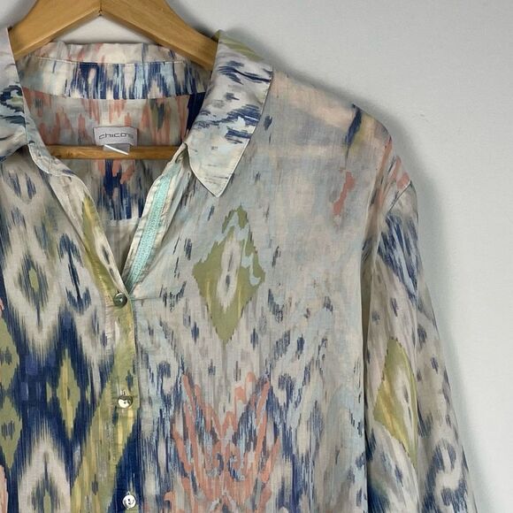 Chico's Watercolor Ikat Blue Green‎ Cotton Button Down Shirt Lightweight Size L - Picture 5 of 14
